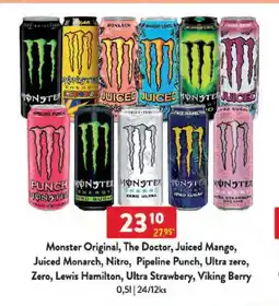 Qanto Monster Original, The Doctor, Juiced Mango, Juiced Monarch, Nitro, Pipeline Punch, Ultra zero, Zero, Lewis Hamilton nabídka