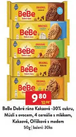 Qanto BeBe Dobré ráno Kakaové -30% cukru, Müsli s ovocem, 4 cereálie s mlékem, Kakaové, Oříškové s medem nabídka