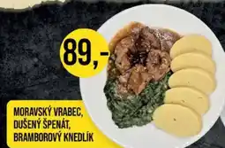 Jip Moravský vrabec, dušený špenát, bramborový knedlík nabídka