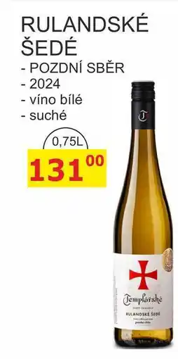 BENE Nápoje TEMPLÁŘSKÉ SKLEPY ČEJKOVICE 0,75L - RULANDSKÉ ŠEDÉ POZDNÍ SBĚR -2024 - víno bílé suché nabídka