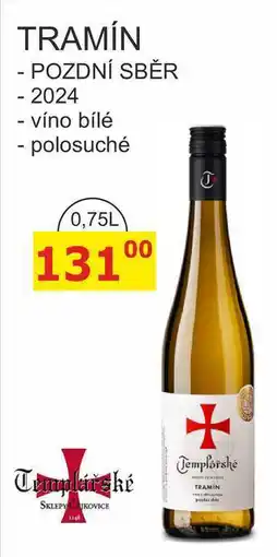 BENE Nápoje TEMPLÁŘSKÉ SKLEPY ČEJKOVICE 0,75L -TRAMÍN POZDNÍ SBĚR 2024 - víno bílé - polosuché nabídka