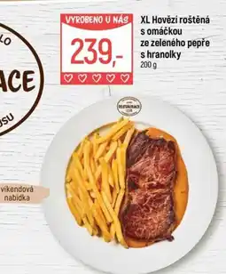 Globus XL Hovězí roštěná s omáčkou ze zeleného pepře s hranolky nabídka