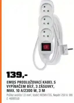 OBI Emos prodlužovací kabel s vypínačem bílý, 3 zásuvky, max. 10 A/2300 W, 3 M nabídka