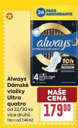 Billa Always Dámské vložky Ultra quatro od 22/30 ks nabídka