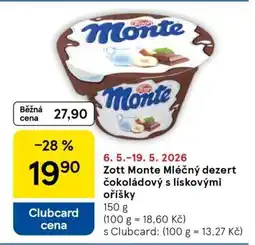 Tesco Zott Monte Mléčný dezert čokoládový s lískovými oříšky nabídka