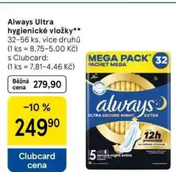 Tesco Always Ultra hygienické vložky, 32-56 ks, více druhů nabídka