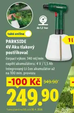 Lidl PARKSIDE 4V Aku tlakový postřikovač nabídka