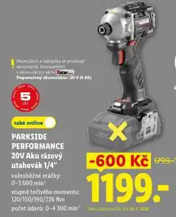 Lidl PARKSIDE PERFORMANCE 20V Aku rázový utahovák 1/4 nabídka