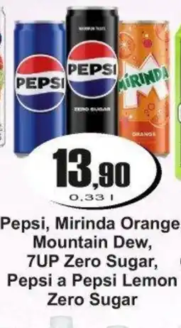 Adam Pepsi, Mirinda Orange, Mountain Dew, 7UP Zero Sugar, Pepsi a Pepsi Lemon Zero Sugar nabídka