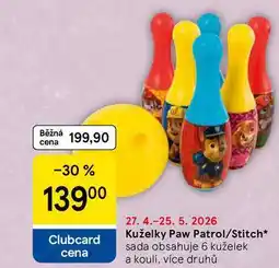 Tesco Kuželky Paw Patrol/Stitch, sada obsahuje 6 kuželek a kouli, více druhů nabídka