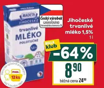 Billa Jihočeské trvanlivé mléko 1,5% nabídka
