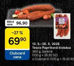 Tesco Tesco Papriková klobása, 360 g, balená nabídka