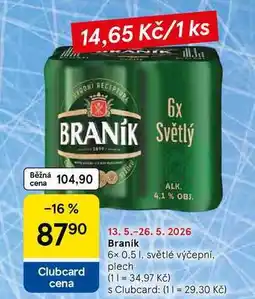 Tesco Braník, 6x 0.5 l, světlé výčepní, plech nabídka