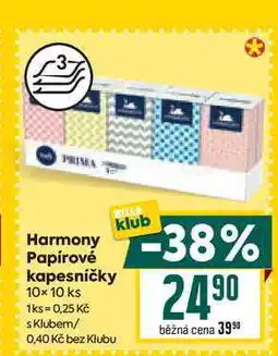 Billa Harmony Papírové kapesníčky 10x 10 ks nabídka