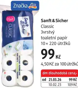 dm drogerie Sanft & Sicher Classic 3vrstvý toaletní papír nabídka