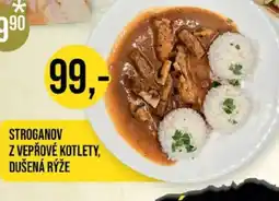 Jip Stroganov z vepřové kotlety, dušená rýže nabídka