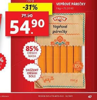 Lidl Vepřové párečky nabídka