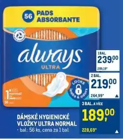 Makro DÁMSKÉ HYGIENICKÉ VLOŽKY ULTRA NORMAL nabídka