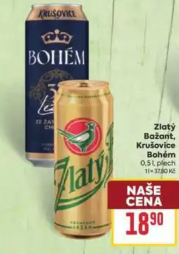 Billa Zlatý Bažant, Krušovice Bohém 0,51, plech nabídka