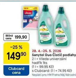 Tesco Sanytol Duo Čistič podlahy Clubcard cena 2 l + Vileda univerzální hadřík, 1 ks nabídka