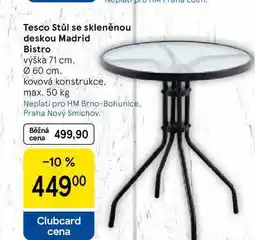 Tesco Tesco Stůl se skleněnou deskou Madrid Bistro výška 71 cm. Ø 60 cm. kovová konstrukce. max nabídka
