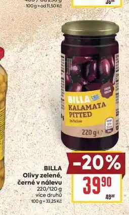Billa BILLA Olivy zelené, černé v nálevu 220/120 g nabídka