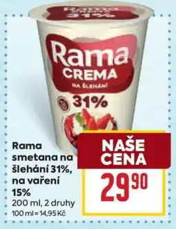 Billa Rama smetana na šlehání 31%, na vaření 15% nabídka