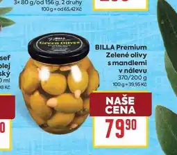 Billa BILLA Premium Zelené olivy s mandlemi v nálevu 370/200 g nabídka