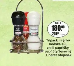 Adam Kotányi Tripack mlýnky mořská sůl, chilli papričky, pepř čtyřbarevný + nerez stojánek nabídka