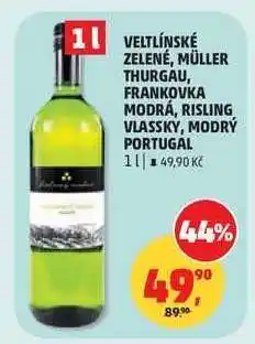 Penny Market VELTLÍNSKÉ ZELENÉ, MÜLLER THURGAU, FRANKOVKA MODRÁ, RISLING VLASSKY, MODRÝ PORTUGAL nabídka