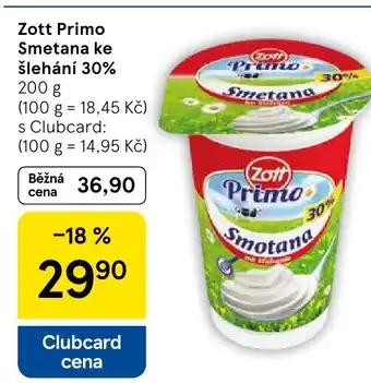 Tesco Zott Primo Smetana ke slehani 30% nabídka