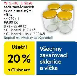 Tesco Sada zavařovacích sklenic se zlatými víčky, 4× nabídka