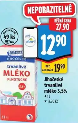 Albert Madeta Jihočeské trvanlivé mléko 3,5% nabídka