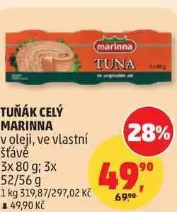 Penny Market TUŇÁK CELÝ MARINNA v oleji, ve vlastní šťávě, 3x 80 g 3x 52/56 g nabídka