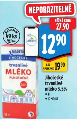 Albert Madeta Jihočeské trvanlivé mléko 3,5% nabídka
