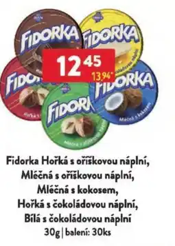 Qanto Fidorka Hořká s oříškovou náplní, Mléčná s oříškovou náplní, Mléčná s kokosem, Hořká s čokoládovou náplní nabídka