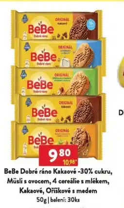 Qanto BeBe Dobré ráno Kakaové -30% cukru, Müsli s ovocem, 4 cereálie s mlékem, Kakaové, Oříškové s medem nabídka