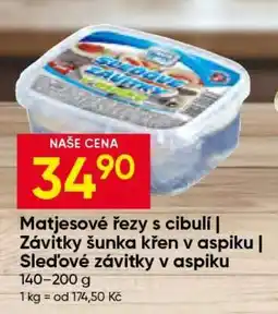 Hruška Matjesové řezy s cibulí | Závitky šunka křen v aspiku | Sled'ové závitky v aspiku nabídka