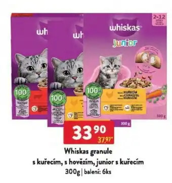 Qanto Whiskas granule s kuřecím, s hovězím, junior s kuřecím nabídka