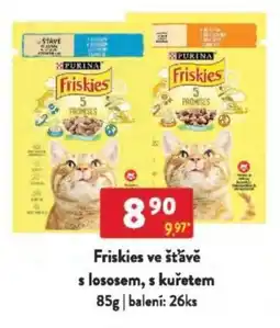 Qanto Friskies ve šťávě s lososem, s kuřetem nabídka
