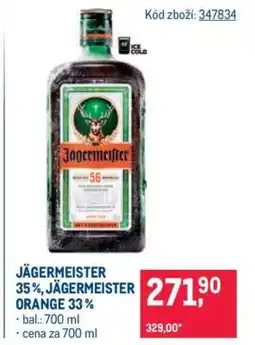 Makro JÄGERMEISTER 35 %, JÄGERMEISTER ORANGE 33 % nabídka