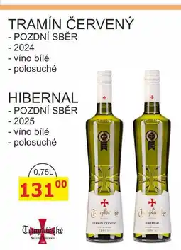 BENE Nápoje TEMPLÁŘSKÉ SKLEPY 0,75l TRAMÍN ČERVENÝ, POZDNÍ SBĚR 2024 - víno bílé polosuché nabídka