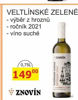 BENE Nápoje ZNOVÍN ZNOJMO 0,75L VELTLÍNSKÉ ZELENÉ - výběr z hroznů - ročník 2021 - víno suché nabídka