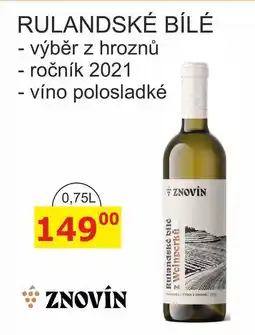 BENE Nápoje ZNOVÍN ZNOJMO 0,75L RULANDSKÉ BÍLÉ ročník 2021 - víno polosladké nabídka