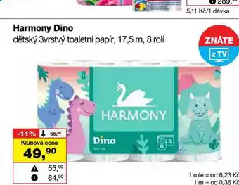 Harmony Dino dětský 3vrstvý toaletní papír, 17,5 m, 8 rolí