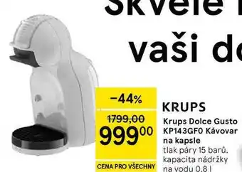 Tesco Krups Dolce Gusto KP143GFO Kávovar na kapsle, tlak páry 15 barů. kapacita nádržky na vodu nabídka