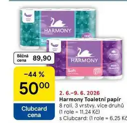 Tesco Harmony Toaletní papír, 8 rolí, 3 vrstvy, více druhů nabídka
