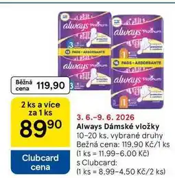 Tesco Always Dámské vložky, 10-20 ks, vybrané druhy nabídka