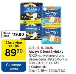 Tesco Always Dámské vložky, 12-20 ks, vybrané druhy nabídka