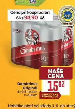 Billa Gambrinus Original 6x0,5l plech nabídka